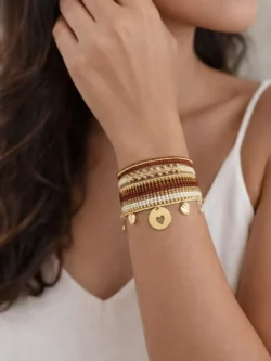 PULSERA TEJIDA LÍNEAS DIJE CÍRCULO CORAZÓN